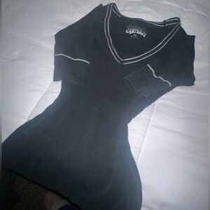 Black Self Esteem V-Neck Top with White Accents